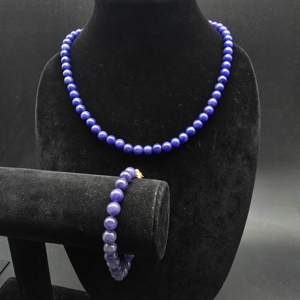 Blue Lapis Gemstone Beaded Necklace Bracelet Set Gold Tone Clasp